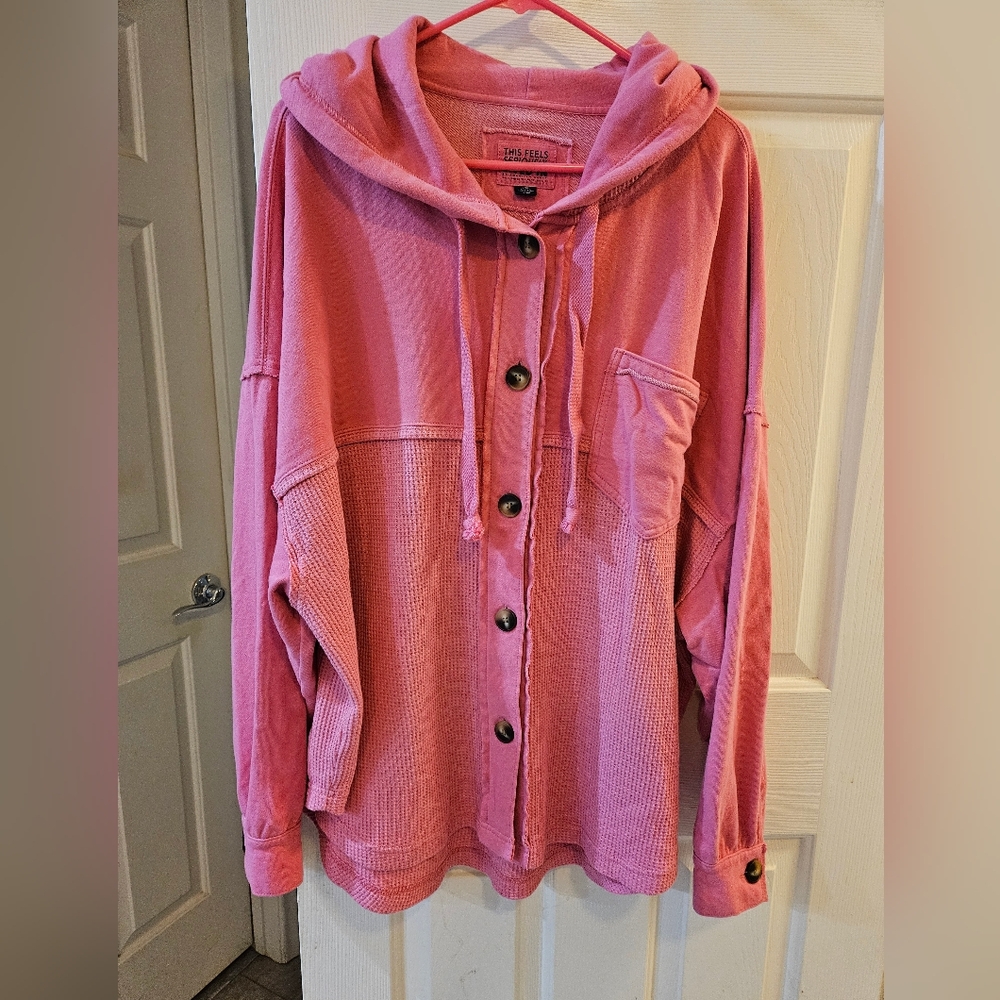 AE Pink Vintage Sail Waffle Knit Big Hug Oversized Button Down Hooded Shacket